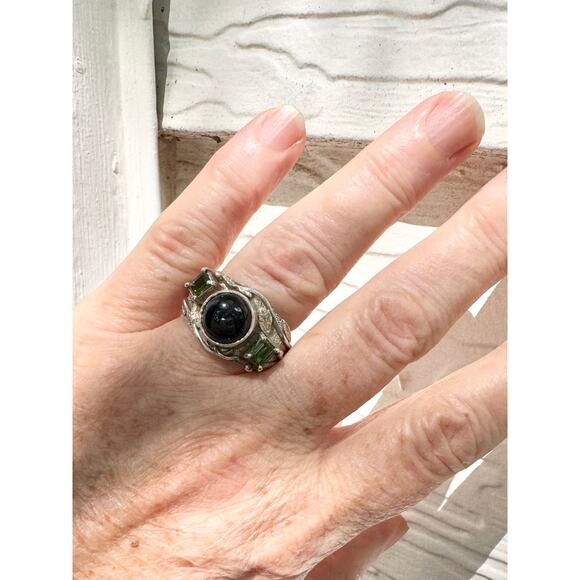 Natural Indicolite Tourmaline Peridot Carved Sterling Unisex Ring 8.25 - 8.5 - Picture 6 of 9